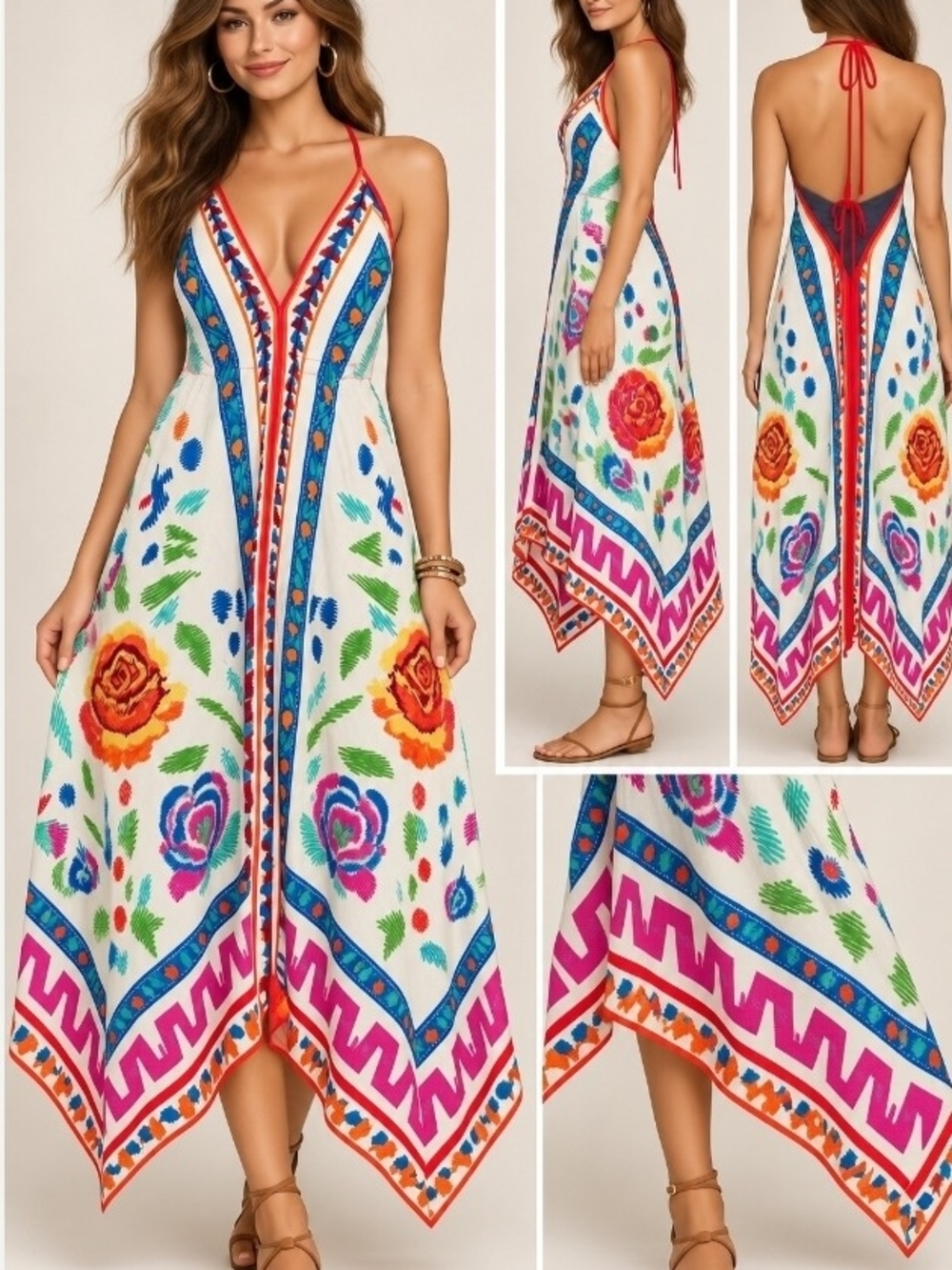 Flying Tomato Women's L Rayon Boho Maxi Dress Multicolor Geometric Floral Print